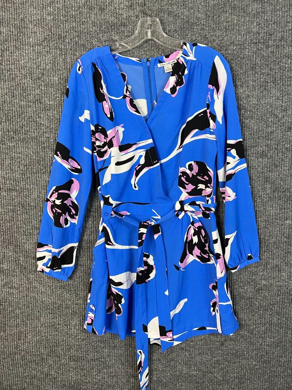 Dalia Collection Romper Womens 6 Blue Floral Faux Wrap Botanical Resort Wear